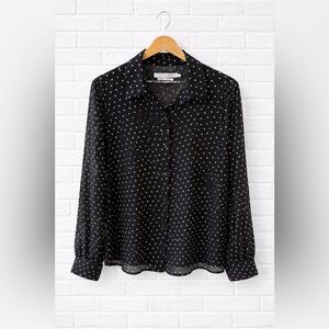 Contemporaine Polka Dot Sheer Blouse Black White Button Front Size M